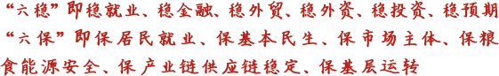 六穩(wěn)即穩(wěn)就業(yè)、穩(wěn)金融、穩(wěn)外貿(mào)、穩(wěn)外資、穩(wěn)投資、穩(wěn)預(yù)期六保即保居民就業(yè)、?；久裆?、保市場主體、保糧食能源安全、保產(chǎn)業(yè)鏈供應(yīng)鏈穩(wěn)定、?；鶎舆\轉(zhuǎn)